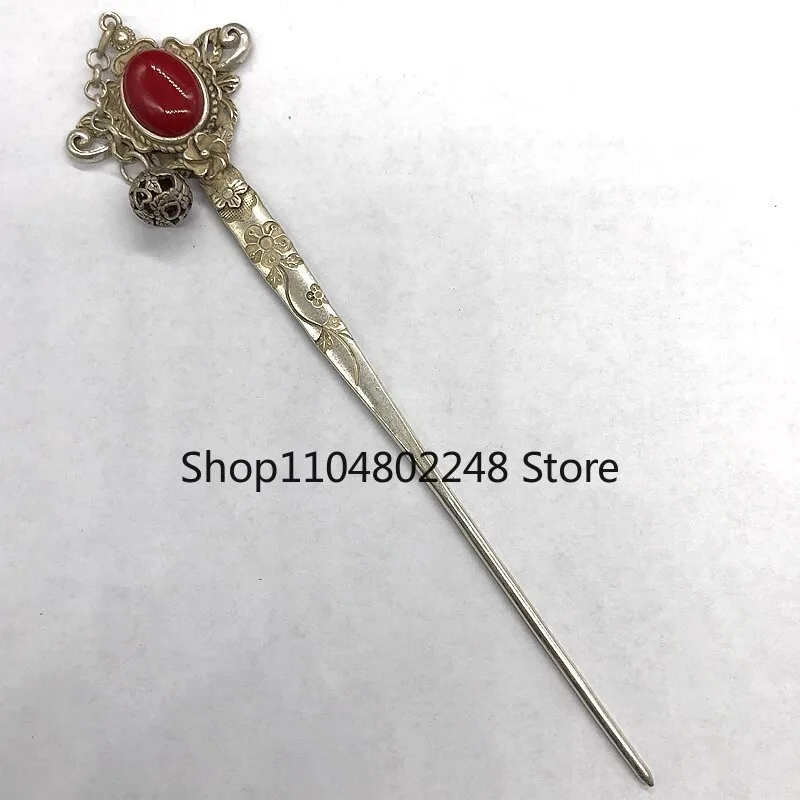 Red Jade Inlaid Old Tibetan Silver Hairpin,Chinese Old Craft Made