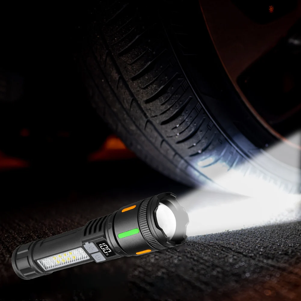 

Strong Light Flashlight USB Charging Telescopic Focus Torch Power Display Zoomable Flashlight with Side Light for Camping Hiking