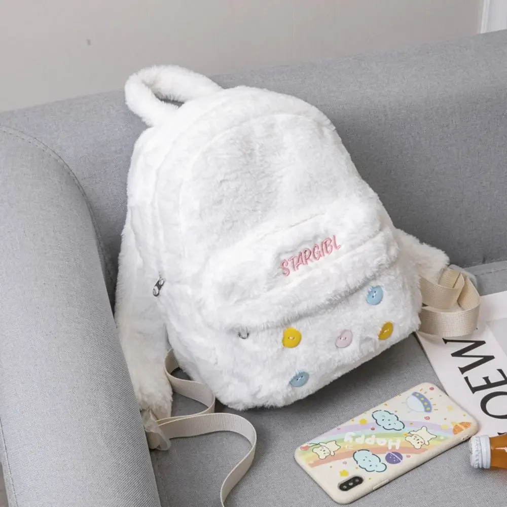 Large Capacity White Plush Backpack Lightweight White Cartoon Plush Schoolbag Plush Toy Cartoon Travel Fashion Bag Girl