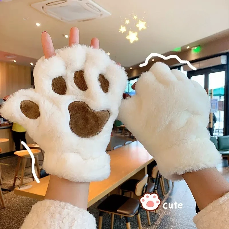 Cute Cartoon Cat Claw Gloves for Women Girls Thickened Plush Lovely Style Bear Paw Exposed Fingers Half Finger Winter Gloves