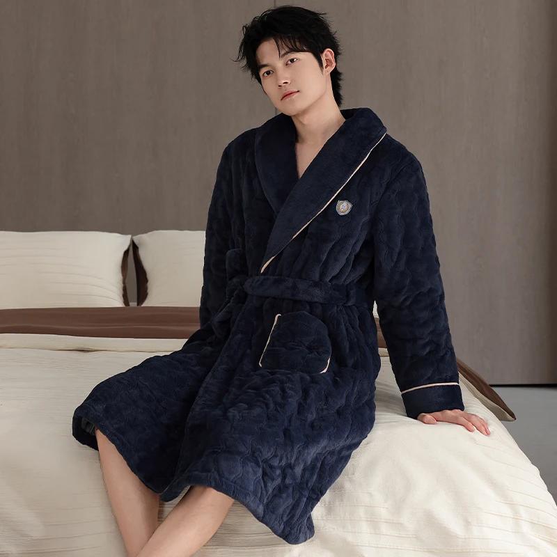 High Quality Men Bath Robe 3 Layer Clip Cotton Bathrobe Male Dressing Gown Pijamas Hombre