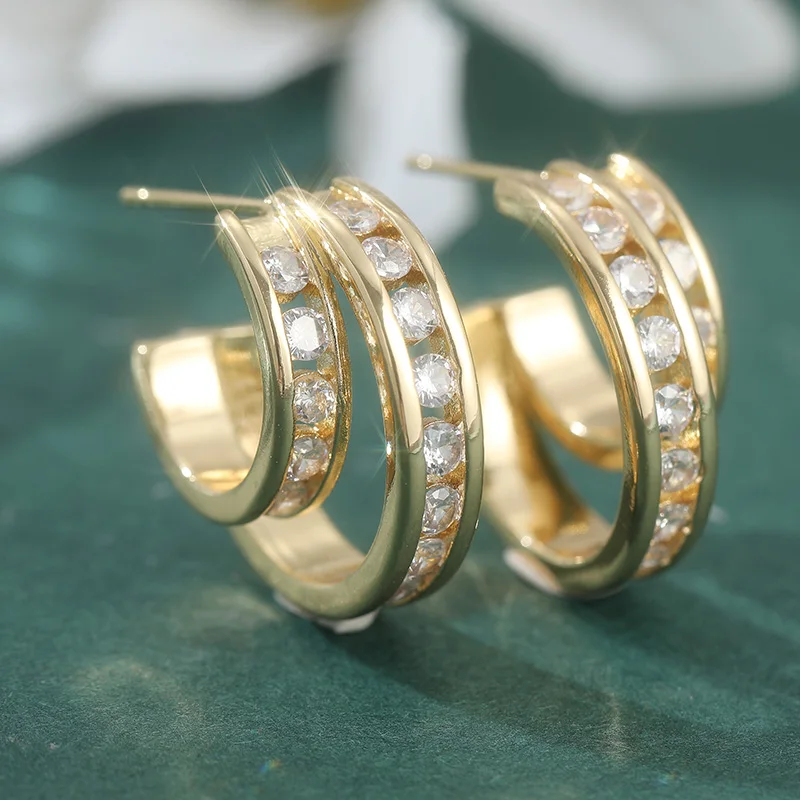 Luxuriöse Goldfarbene C-förmige Zirkon-Ohrringe für Damen, Doppellagiges Design, Modische Atmosphäre, Filigrane Ohrringe, Hochzeitsschmuck Geschenke