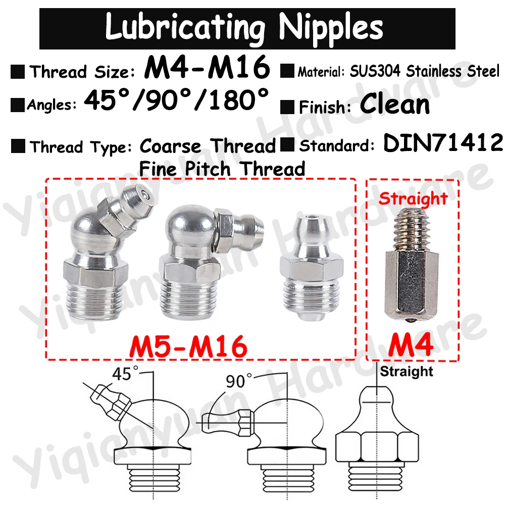 Yiqianyuan M4~M16 45° 90° Straight SUS304 Lubricating Nipples Cone Type Hydraulic Grease Nipple Fittings DIN71412 Male Thread