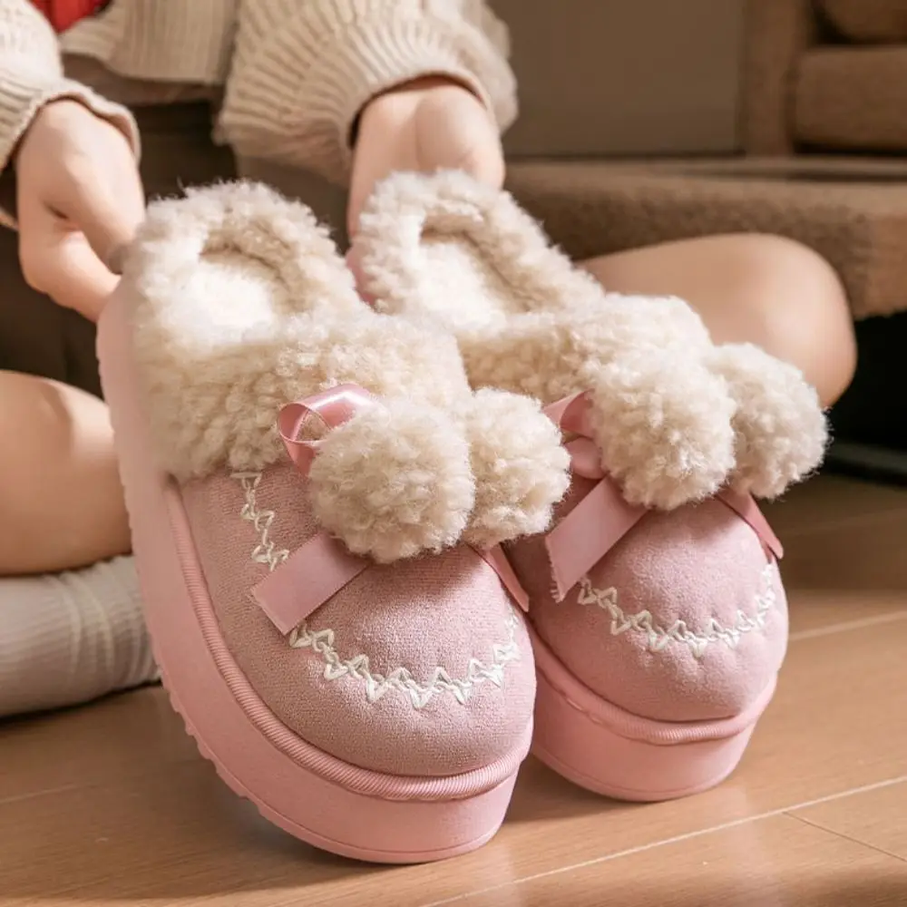 

Комфортные противоскользящие хлопковые плюшевые тапочки на толстой подошве с плюшевыми шариками, теплая домашняя домашняя обувь, гибкие милые женские меховые тапочки
