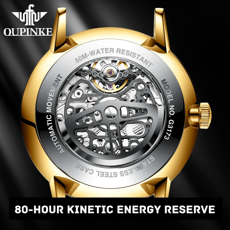 OUPINKE Automatic Mechanical Watch for Men Genuine Leather Strap 3D Hollow Out Luxury Sapphire Mirror Wateproof Men's Wristwatch