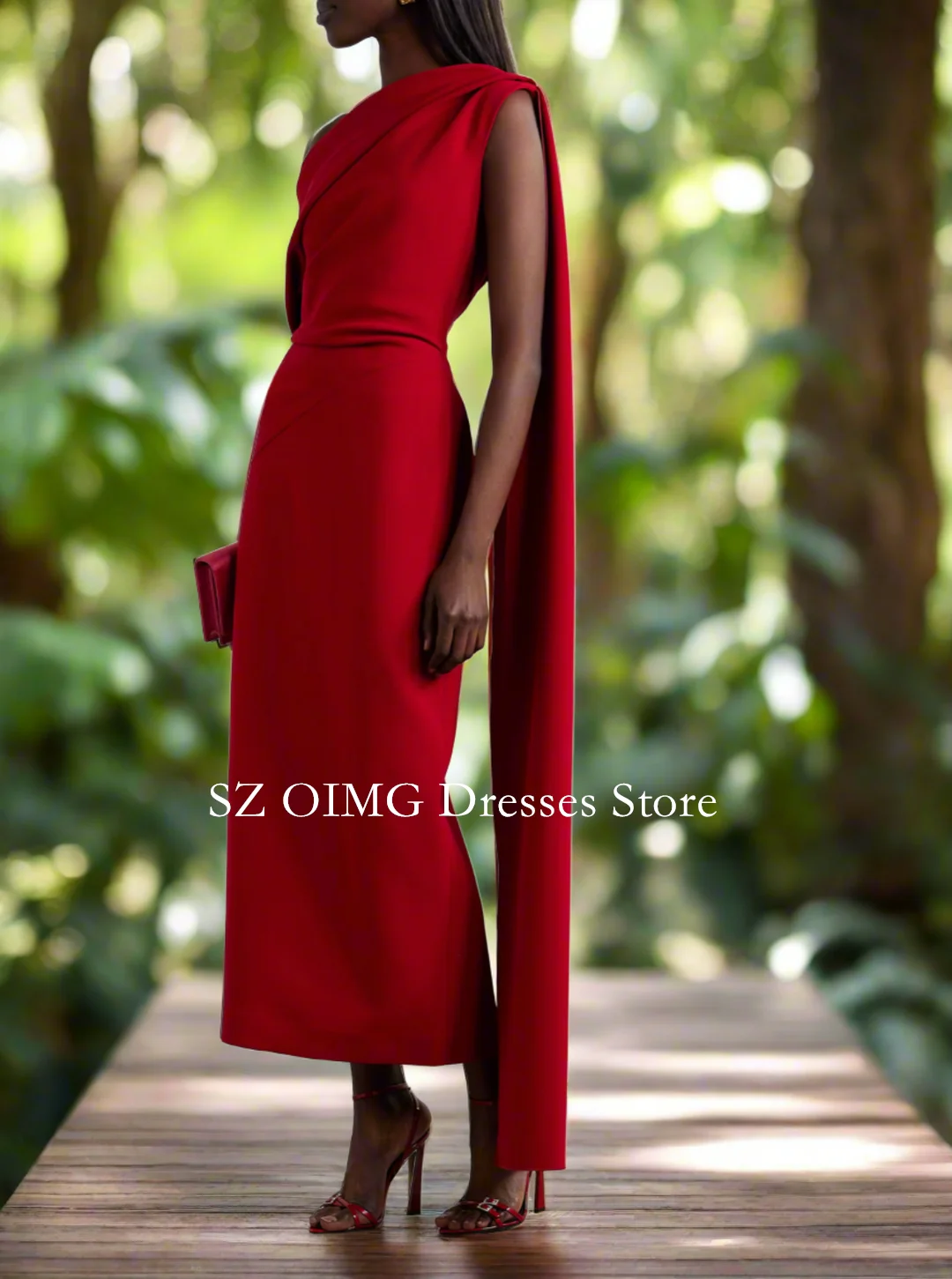 

OIMG New Design One-Shoulder Prom Dresses Saudi Arabic Women Cape Sleeves Red Crepe Satin Evening Gowns Formal Party Dress