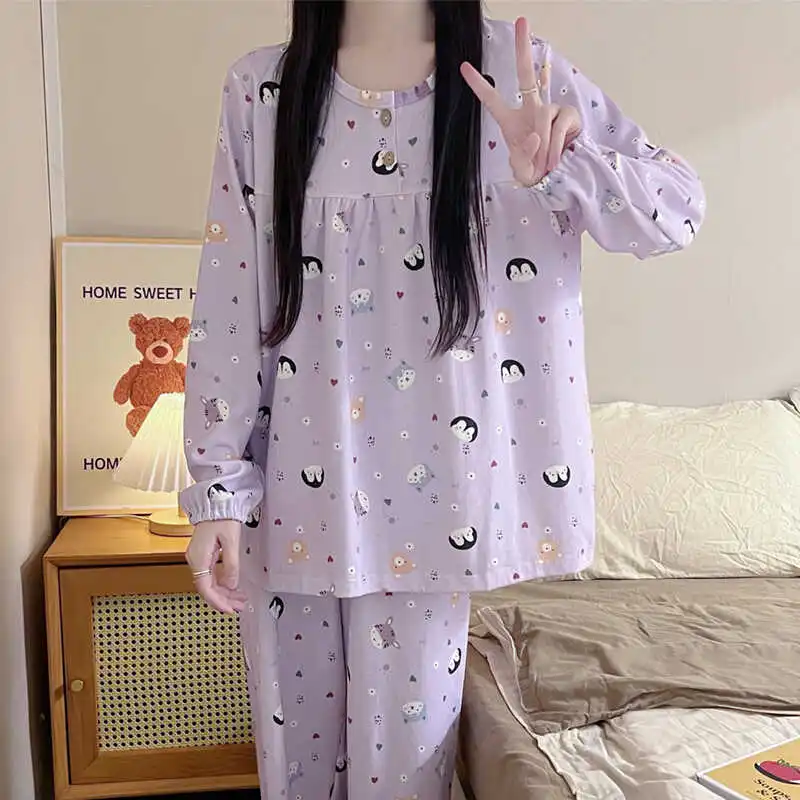 2024 Spring Autumn Women Pajama Sets New Long Sleeve Pants Pijama Korean Cute Girl Loose Sleepwear Imitation Cotton Home Clothes