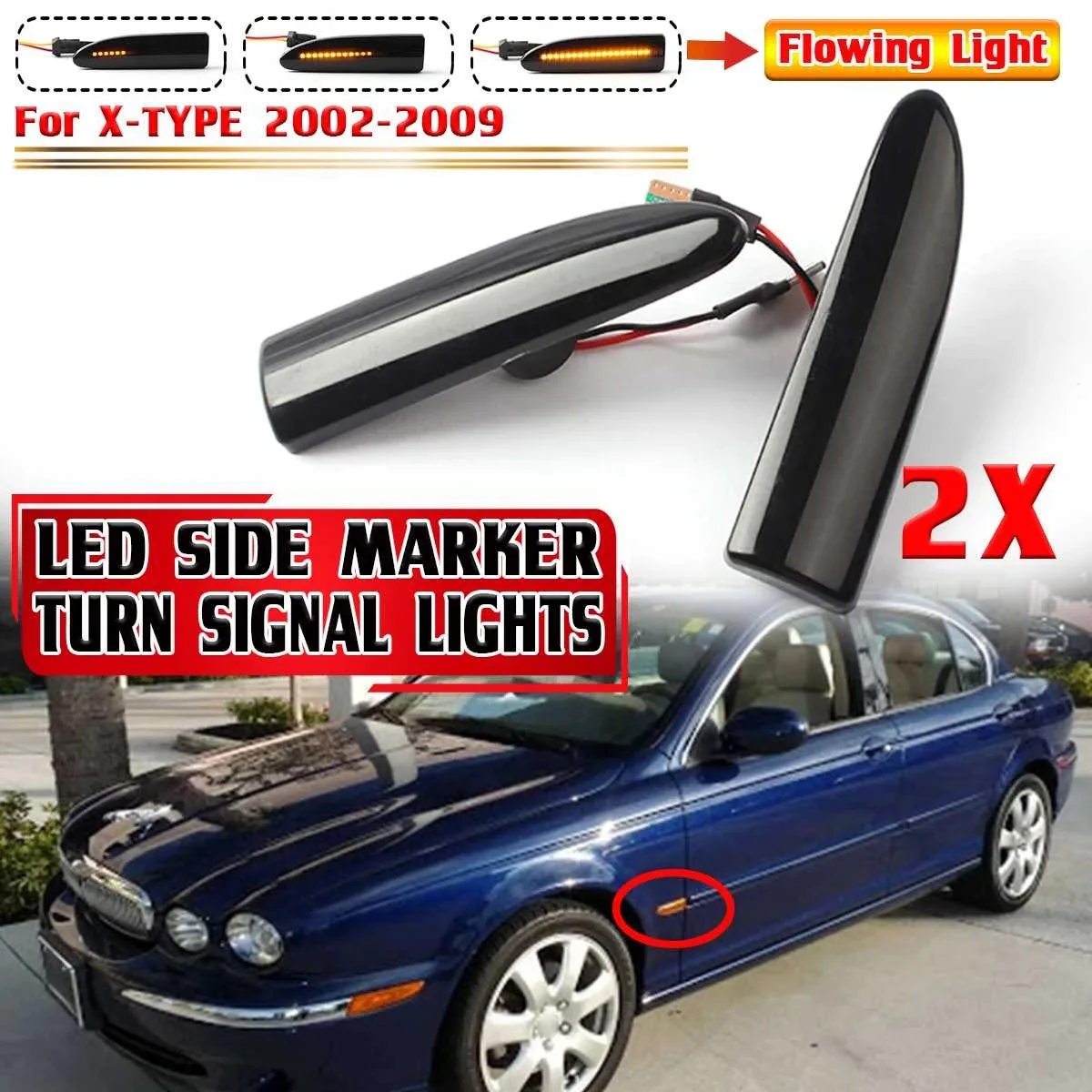 2X LED Flowing Side Mirror Indicator Light for JAGUAR X-TYPE 2002-2009 Rearview Wing Mirror Turn Signal Lamp