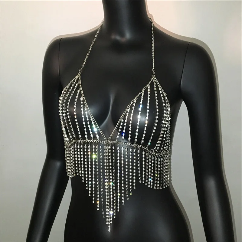 Silver Bling Tassel Rhinestone Hollow Out Crop Tops Women Summer Sexy Gold Diamond Body Metal Chain Party Club Dance Cami Top