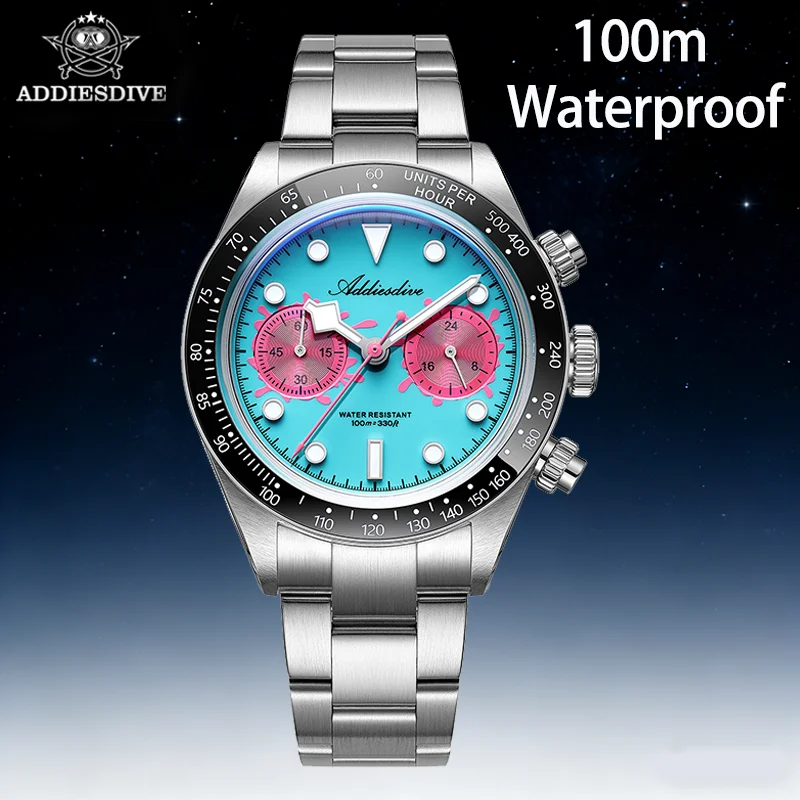 

ADDIESDIVE Watches AD2520 Men VK64 Quartz Chronograph Watch Luminous Ceramic Bezel 40mm Bubble Glass 100m Waterproof Wristwatch