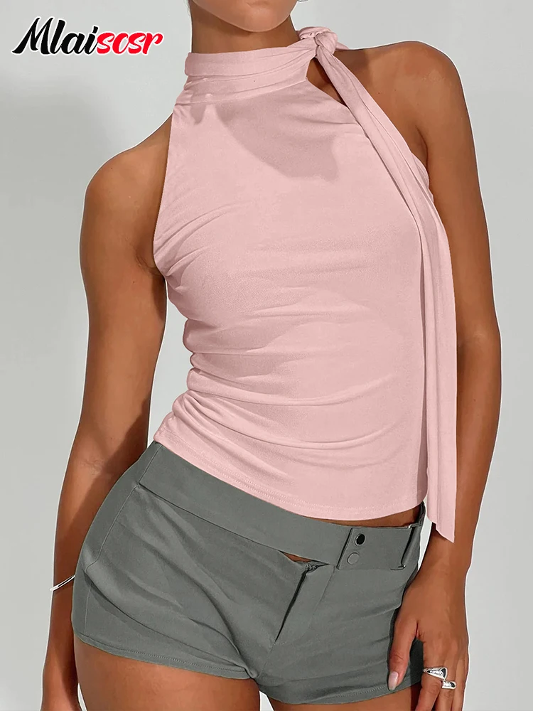 Mlaiscsr Women Soft Pink Halter Neck Tank Top with Tie Detail Form-Fitting Ruched Sleeveless Top Trendy Going-Out Brunch Outfit