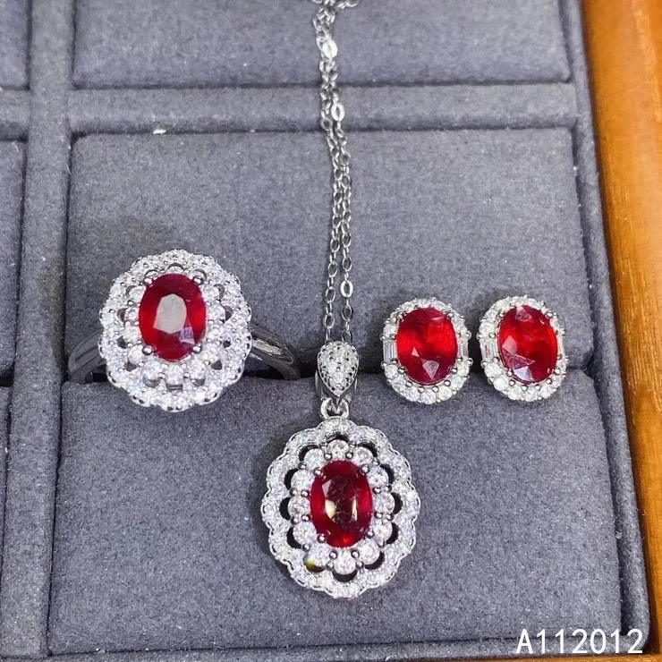 

High Jewelry Natural Ruby 925 Sterling Silver Noble Girls Gemstone Pendant Necklace Earring Ring Set Support Tested