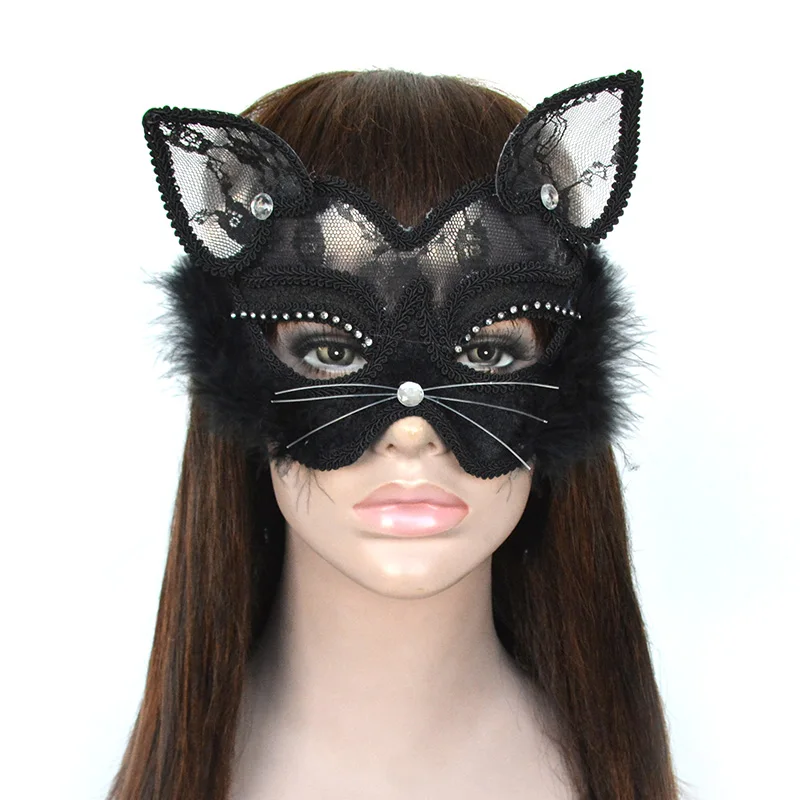 

Halloween black lace cat blindfold, male and female models, nightclub dance props pvc half face mask