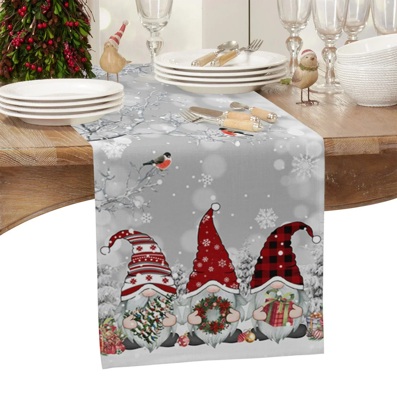 Christmas Snow Scene Snowflakes Gnome Grey Table Runner Xmas Table Flag Cover Home Decorations Navidad Noel Gifts Tablecloth