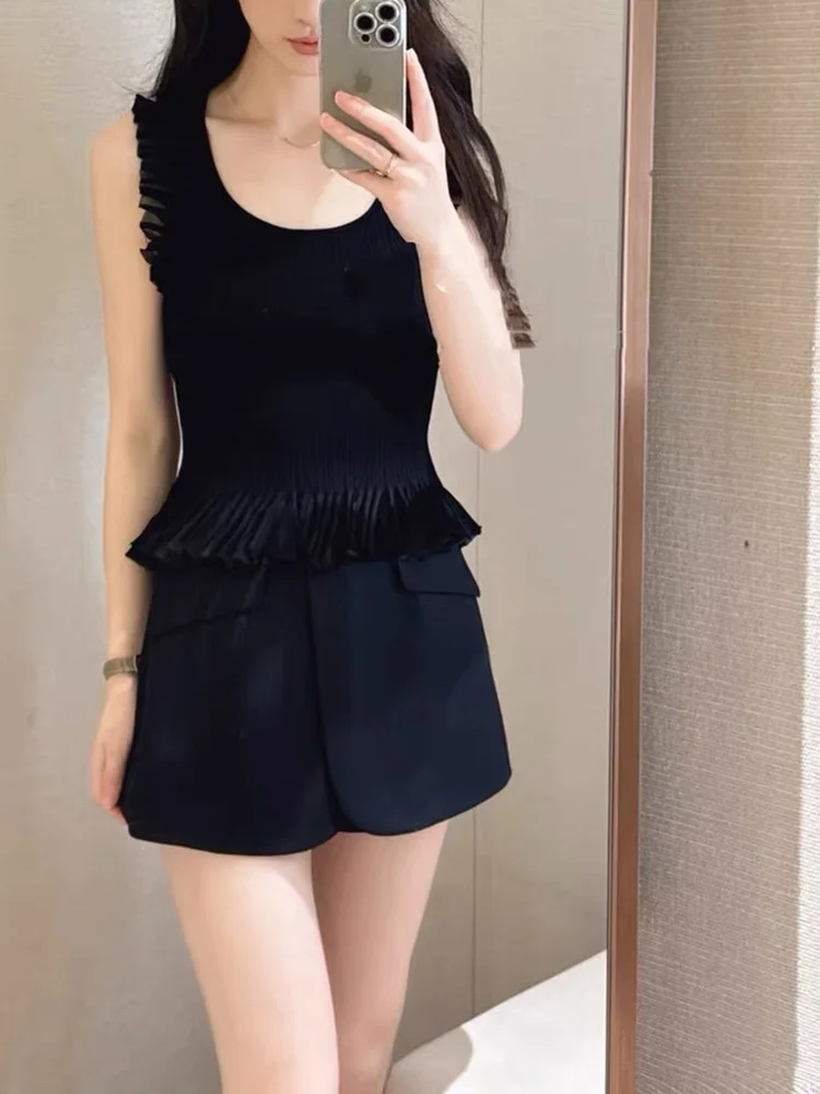 

High-End Version European Sle Design Sense Me Splicing Wooden Trim Slim Fit Vest round Ne Svel Knitted Top