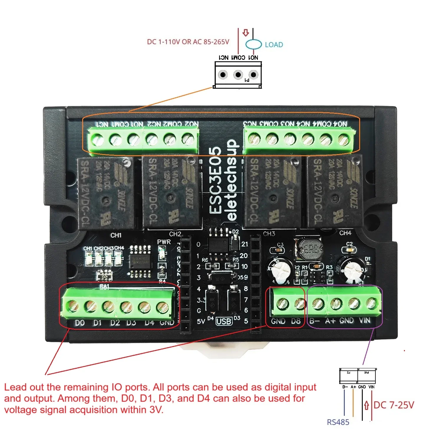 ESP32 C3 Relay Module for Arduino IOT Network, DC 9V 12V 24V Mini Expansion Board with 4AI-4DO RS485