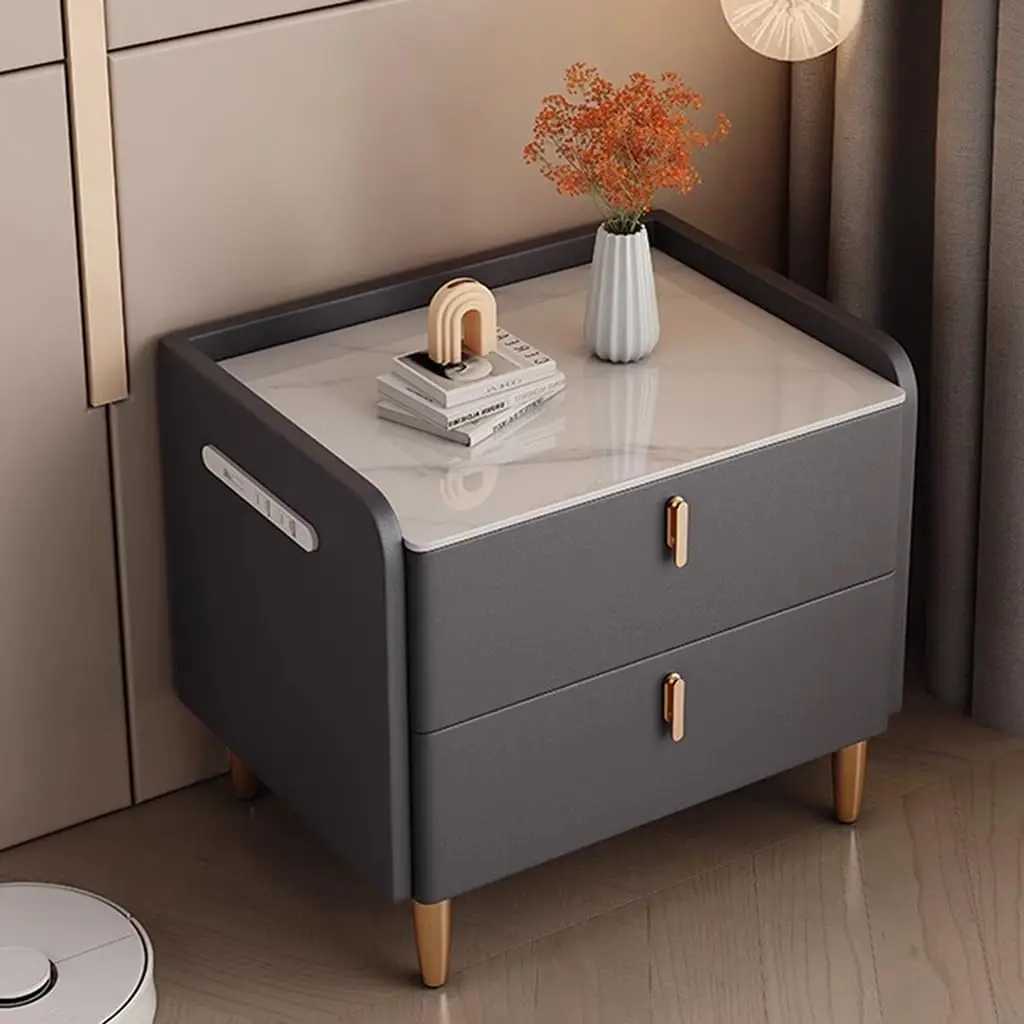 Bedside table with adjustable LED lights and charging station, bedroom with 2 drawers, dressing table size: 40cm/15.7 inches