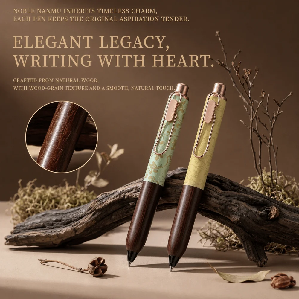 Durable Wood Chubby Gel Pen Vintage Floral Printed Smooth Writing Click Pen Neutral Pen School Office