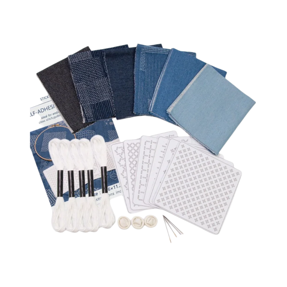 Water Soluble Sashiko Embroidery Beginner Set Denim Fabric With Thread And Needles Hand Embroidery Sashiko Kit Portable Soft