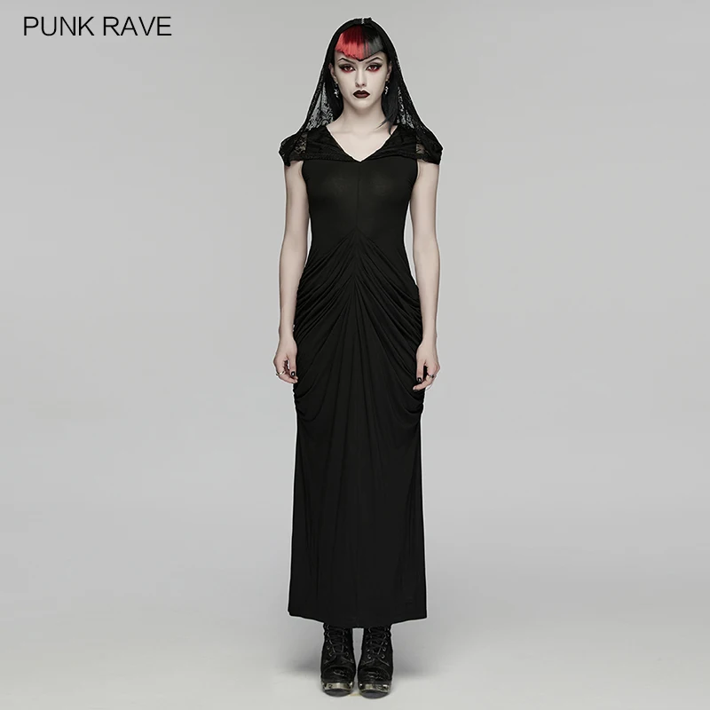 PUNK RAVE Women's Elegant Gothic Modal Lace Nun Dress Shawl Unique Hooded Design Structural Folds Long Dresses