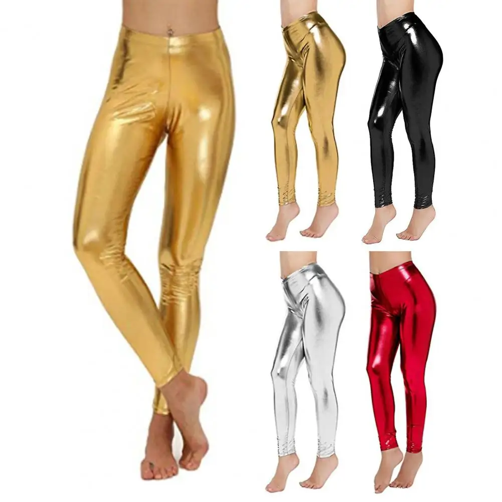 Women Pants Glossy Faux Leather Skinny Leggings Elastic High Waist Tummy Control Ankle Length Pencil Pants Party Club Long Trous