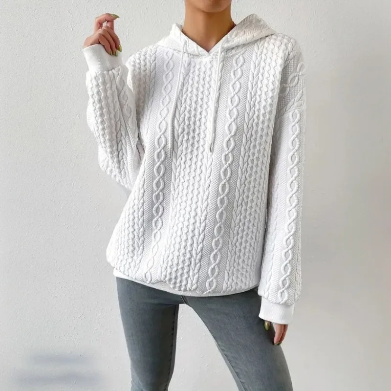 

2023 Autumn New Jacquard Hooded Sweater Casual Lace-up Long Sleeve Loose White Hoodies Fashion Solid Knitted Pullover Pull 29431