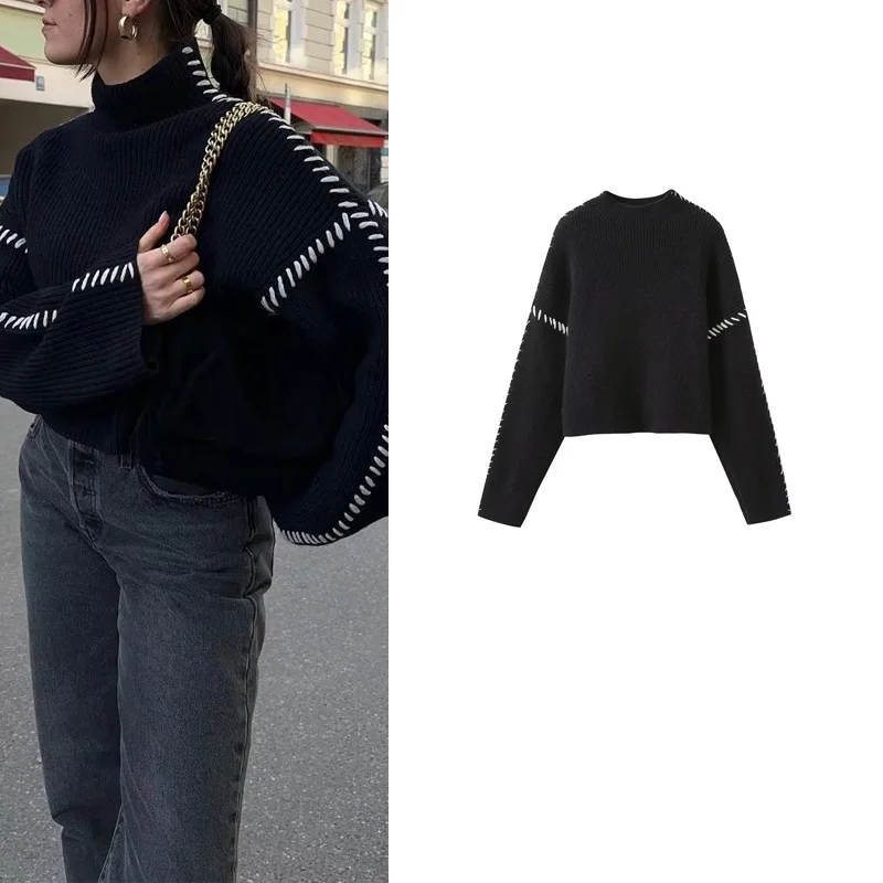 

Spring New Faion High Ne Lazy Sle Knitted Sweater Color Blo Design Casual Long Sve Polyester Fiber Regular Length