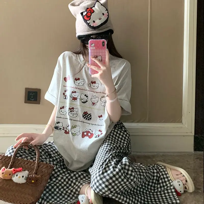 Pajamas Hello Kitty Girls' Summer New Style Slimming Loose Short Sleeves Checkered Pants Sanrio Casual Two Piece Lazy Style Set