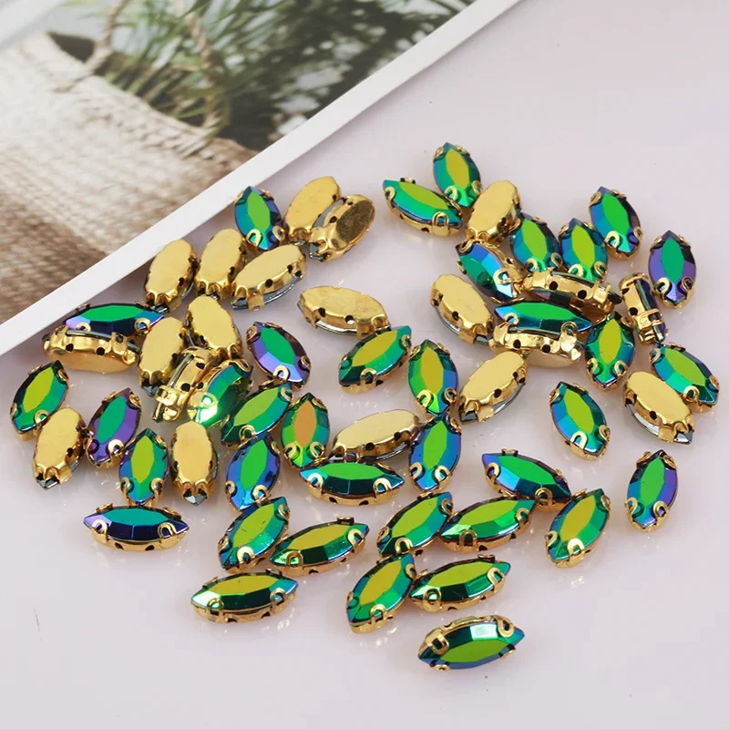 PEESOM New Sell 7X15mm Color AB Horse Eye Stone Sewing Gold Claw Set Sew-on Color AB Rhinestone Acrylic for Clothing Accessories