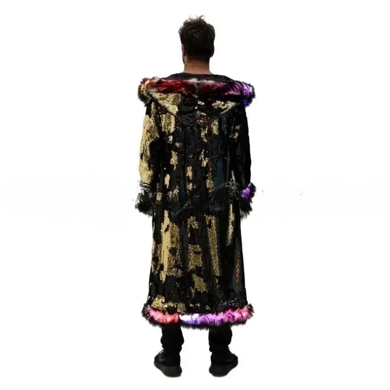 Men LED Wild Faux Fur Coat Light Up Long Coat for Stage Performance Show Dancing Costume