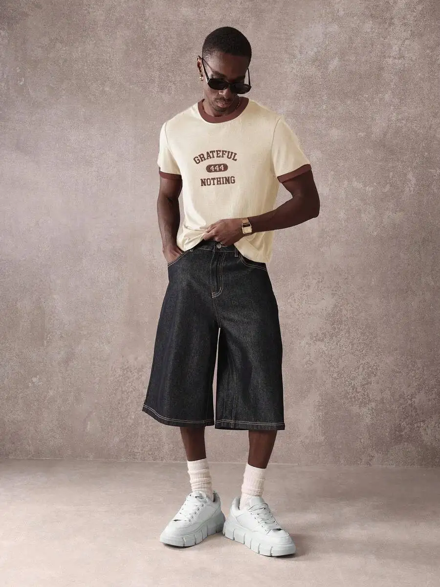 SUMWON Retro Style Grateful 444 Nothing Slogan Print Ringer T-Shirt Summer Streetwear Short Sleeve Relaxed Fit Casual Tee