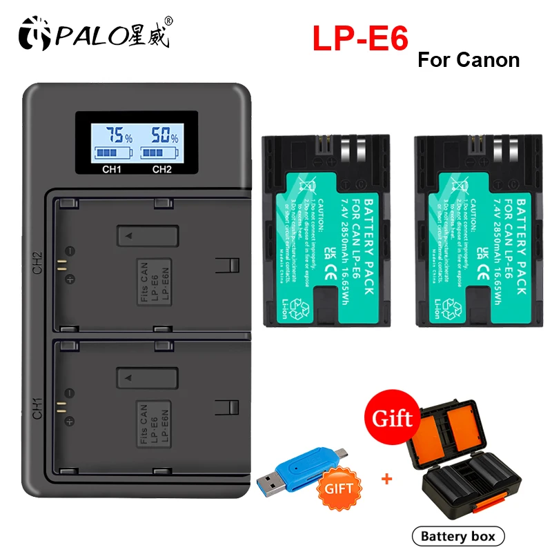 PALO 2850mAh LP-E6 LP E6 LPE6 E6N Camera Battery+ Storage Box for Canon 5D Mark II III 7D 60D EOS 6D 70D 80D LCD Dual Charger