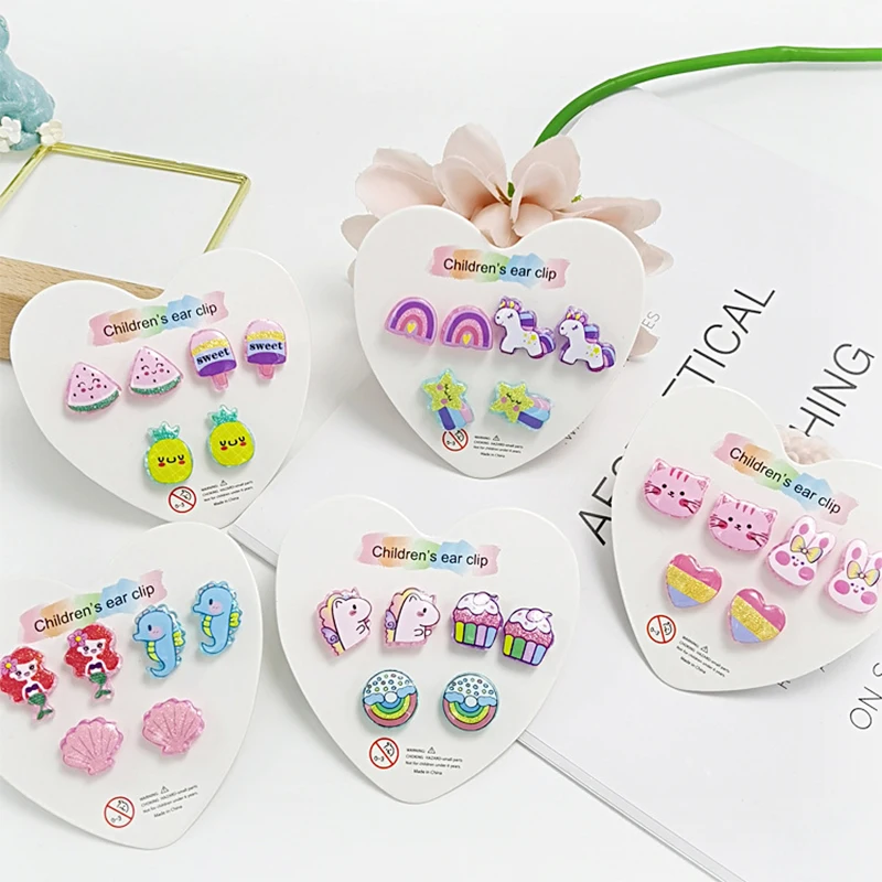 3PRS Strong Magnetic Children Earrings for Girls Clip on Earrings Kids Cute Unicorn Magnet Earrings Non Piercing Jewelry