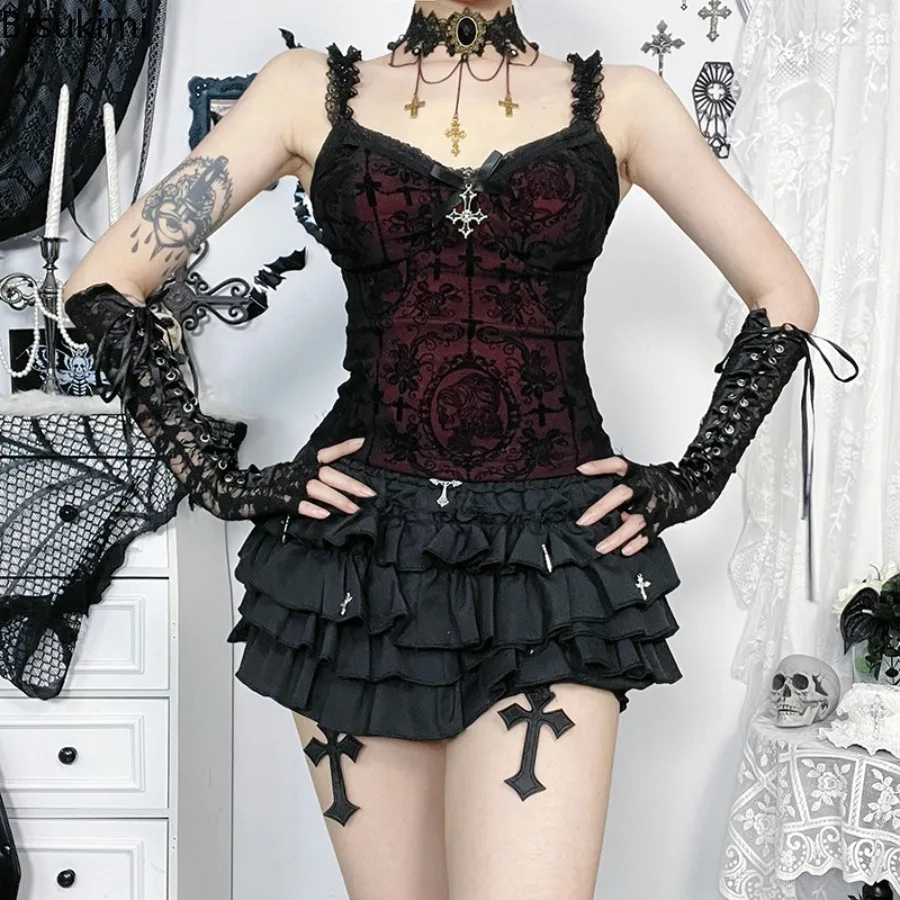 Dark Gothic Style Y2K Sexy Flocking Corset Crop Top Aesthetic Lace Trim Straps Backless Camisole Tank Top Summer Tees Streetwear