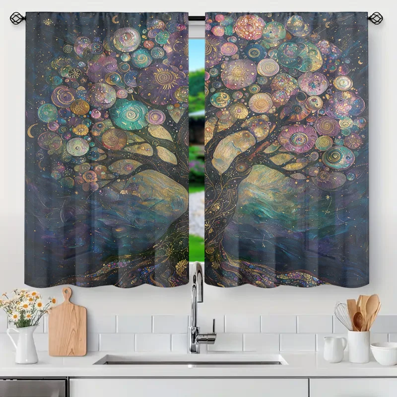 Bohemian Boho Celestial Tree of Life Curtain Semi Sheer Window Panel Mystical Cosmic Art Privacy Curtain for Bedroom Living Room