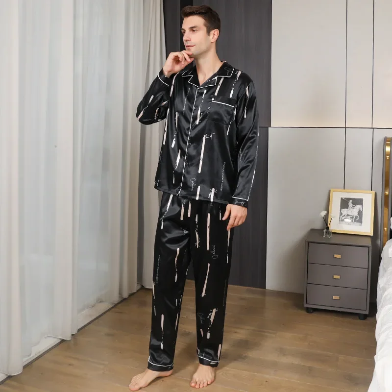 2024 verão novos homens pijamas conjunto camisa longa & calças 2 pçs loungewear impressão casa roupas de seda gelo conjunto sono masculino lazer pijamas