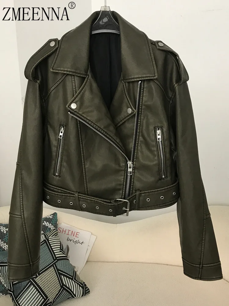 

ZMEENNA Womens Faux Leather Jacket Cropped Asymmetrical Zip Up Coat Classic Green Rivet Belted Punk Outerwear ZM3367