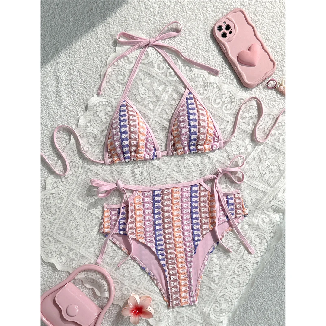 Neuer, farbenfroher Bikini mit Ausschnitten und Neckholder-Design, Damen-Badeanzug, zweiteiliges Bikini-Set, mittelhoher Bund, Badebekleidung, Badeanzug, Modell V8255. – Detail 4
