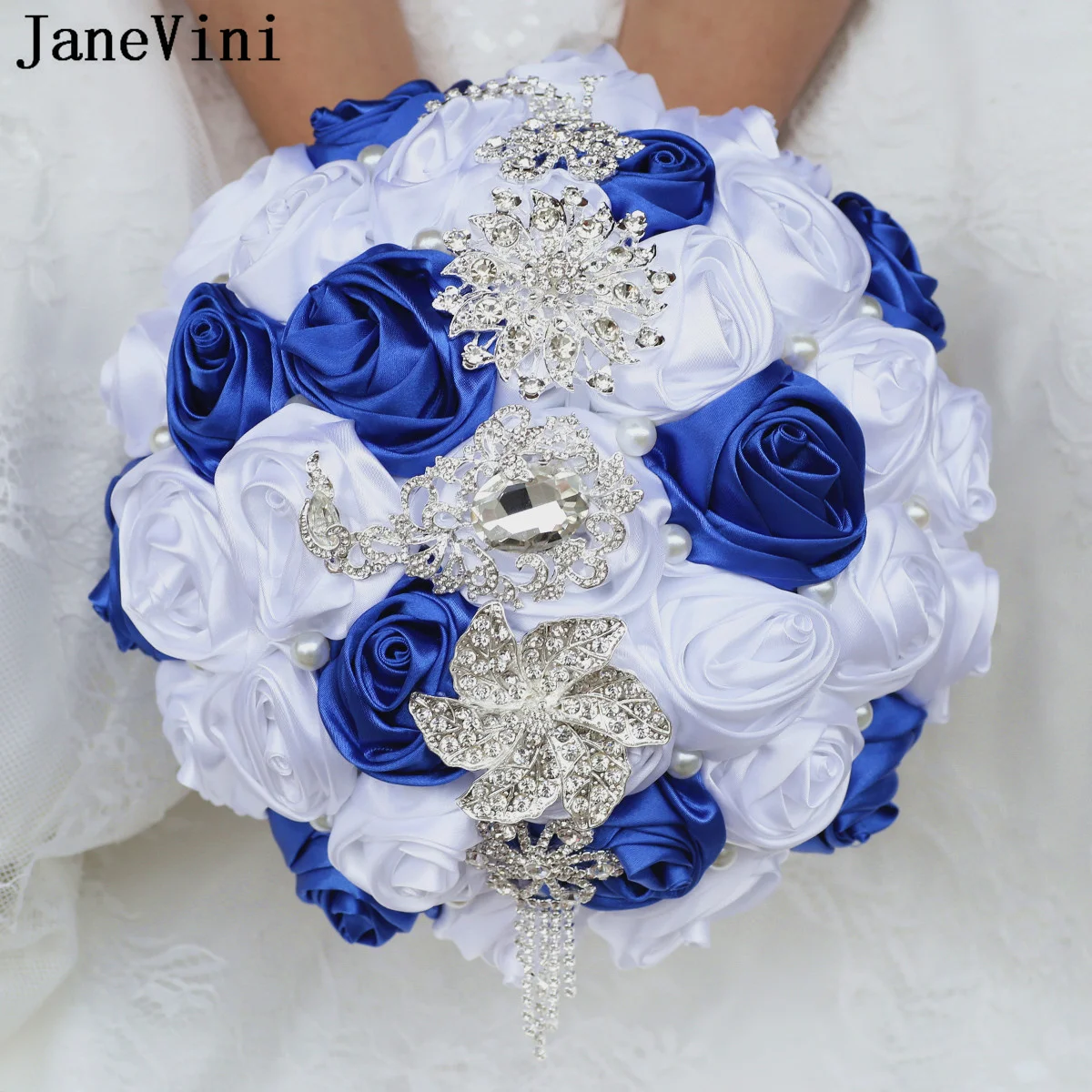 JaneVini Shiny Crystal Beaded Wedding Bouquet Charm Fleurs Pearl Bridal Bridesmaid Flower Bouquest Royal Blue White Bride Roses