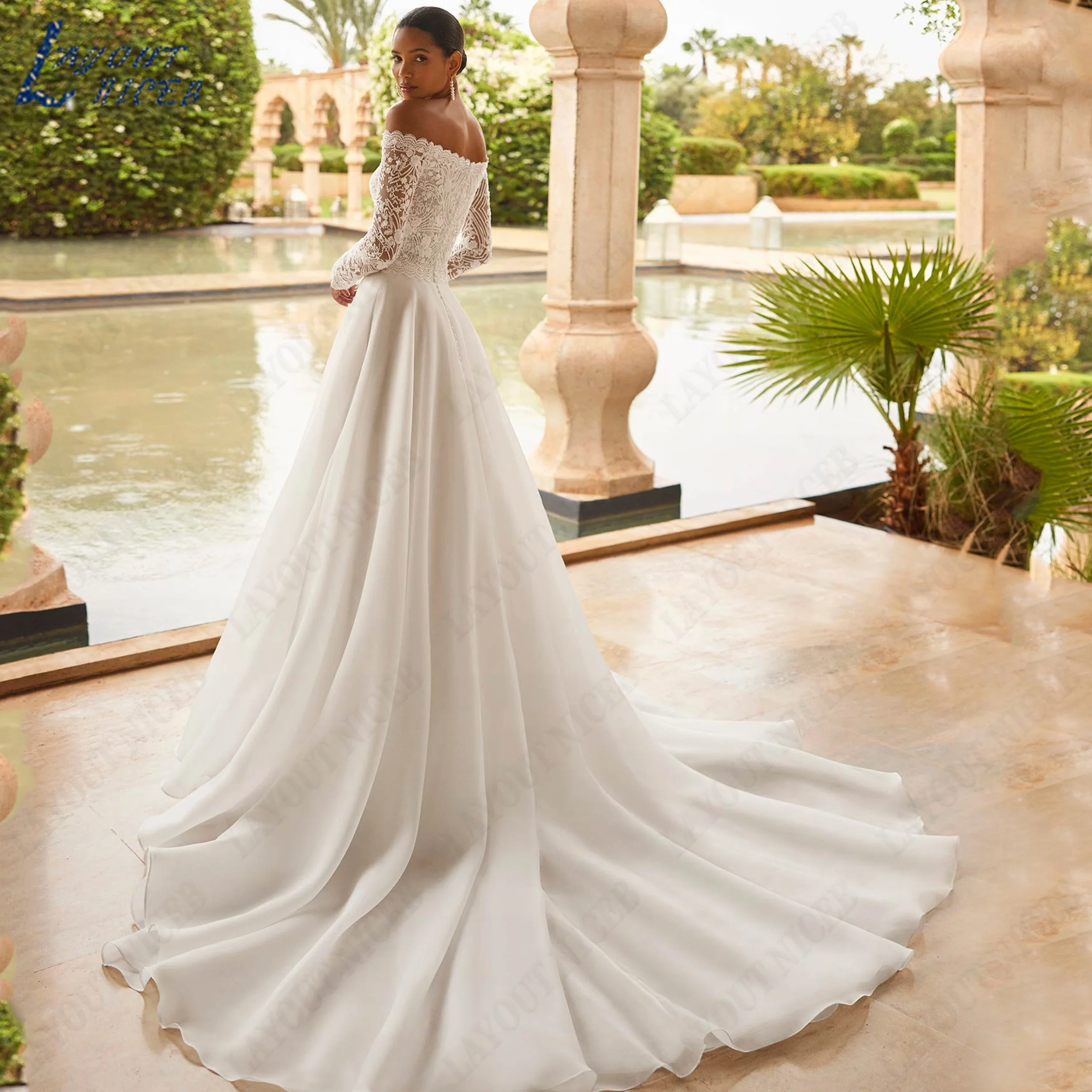 LAYOUT NICEB Customized A Line Chiffon Bridal Dress Off Shoulder Lace Wedding Gown Boat Neck Backless Bride Dresses For Women