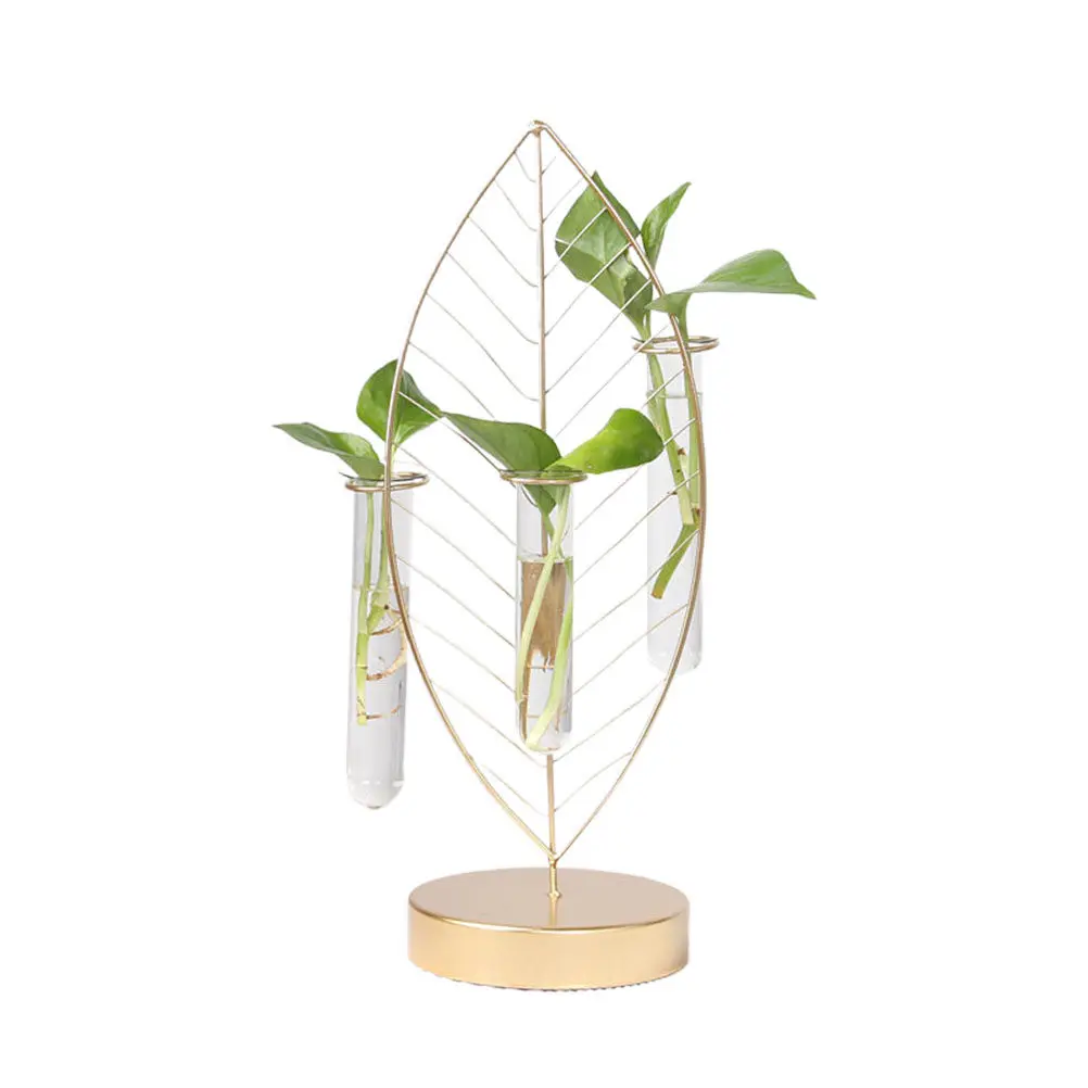 

1Pcs Glass Flower Vase Iron Base Golden Leaf Shape Hydroponic Plant Container 3 Tubes Home Office Wedding Decoration Iron