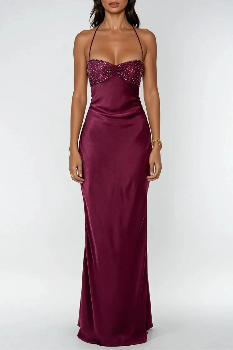 

Customized Sparkly Party Dresses Woman Burgundy Satin Lace Up Back Bespoke Occasion Gown Halter Strapless Maxi Dresses