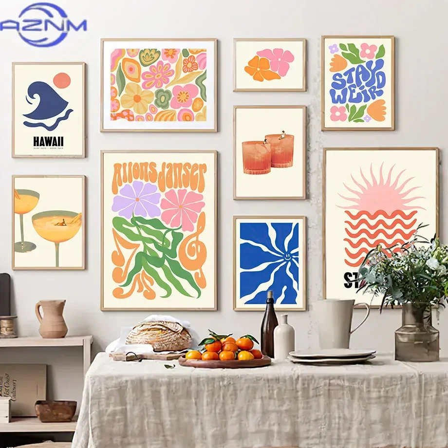 Pastel Flower Sun Waves Cocktail Minimalism Wall Art Canvas Painting Nordic Posters And Prints Wall Pictures Living Room Deco