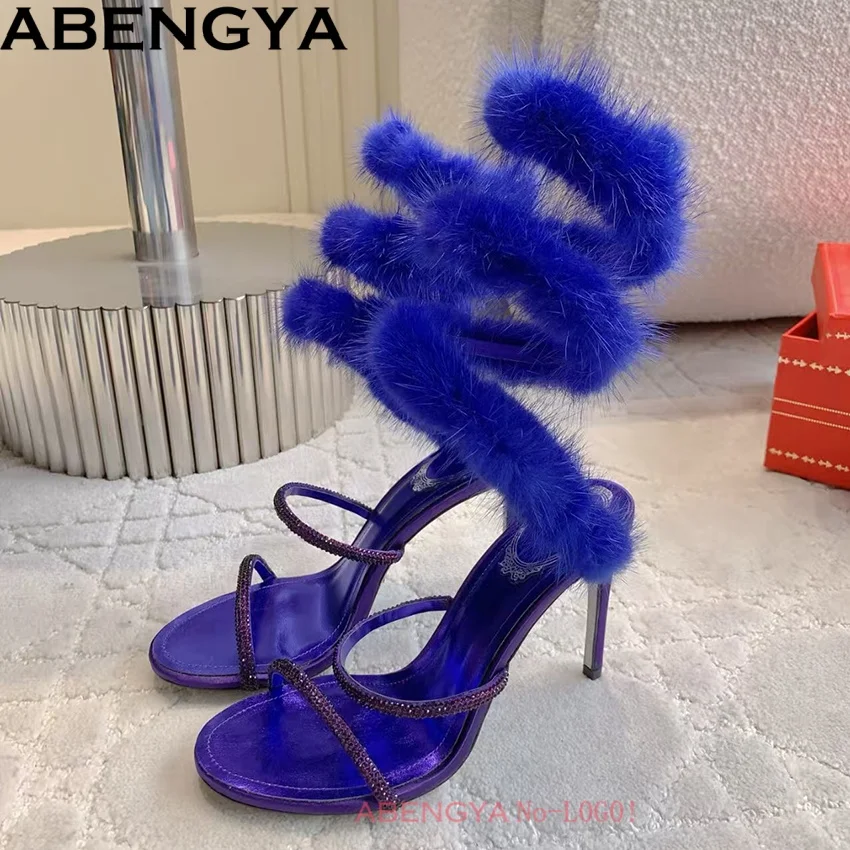 

Sexy Crystal High Heels Fur Sandals Woman Twine Around Ankle Snake Party Shoes For Woman Summer Feather Modern Sandals Women
