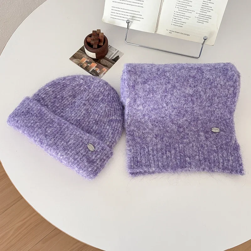 Women Winter Knitted Hat Scarf Set Soft Fluffy Ribbed Beanie Neck Warmer Combo Solid Color Warm Outfit for Outdoor Daily Wear