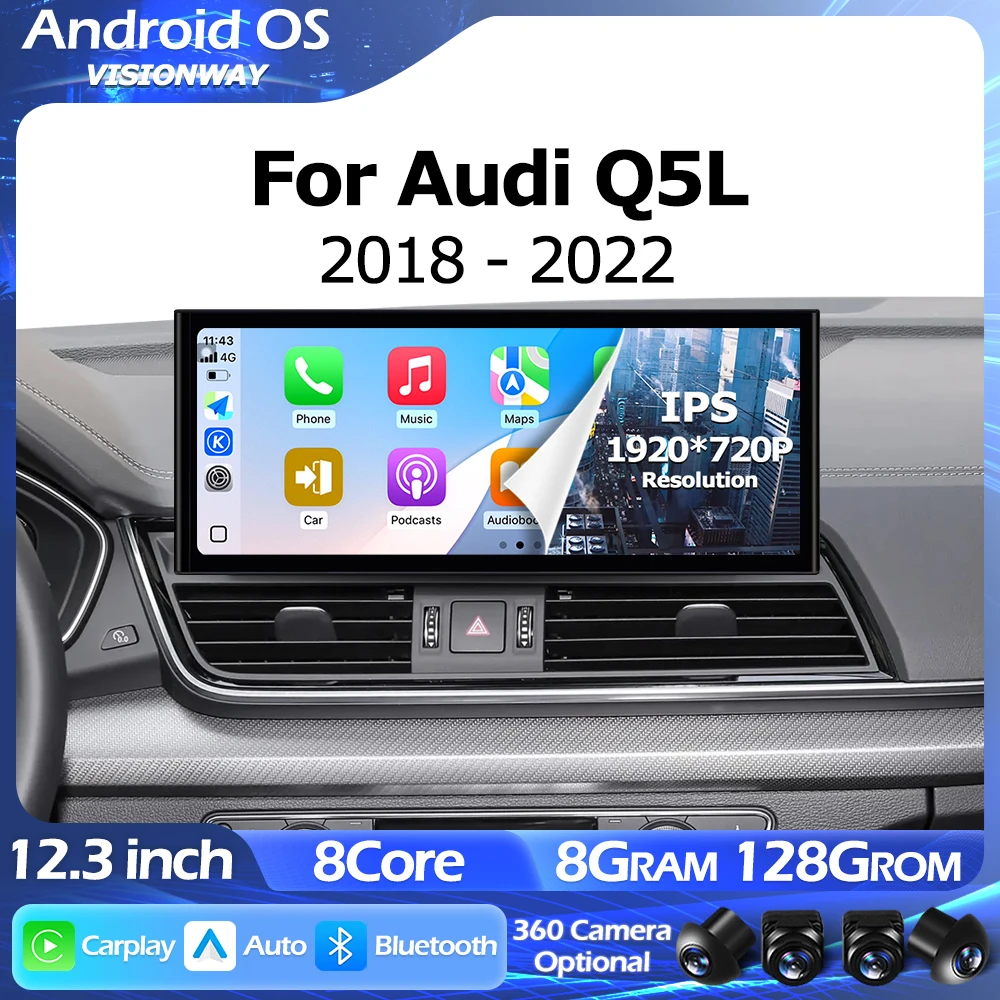1920*720P Wireless CarPlay Android 15 12.3 inch For Audi Q5L 2018-2022 Lntelligent Multimedia Touch Screen GPS WIFI 4G Bluetooth