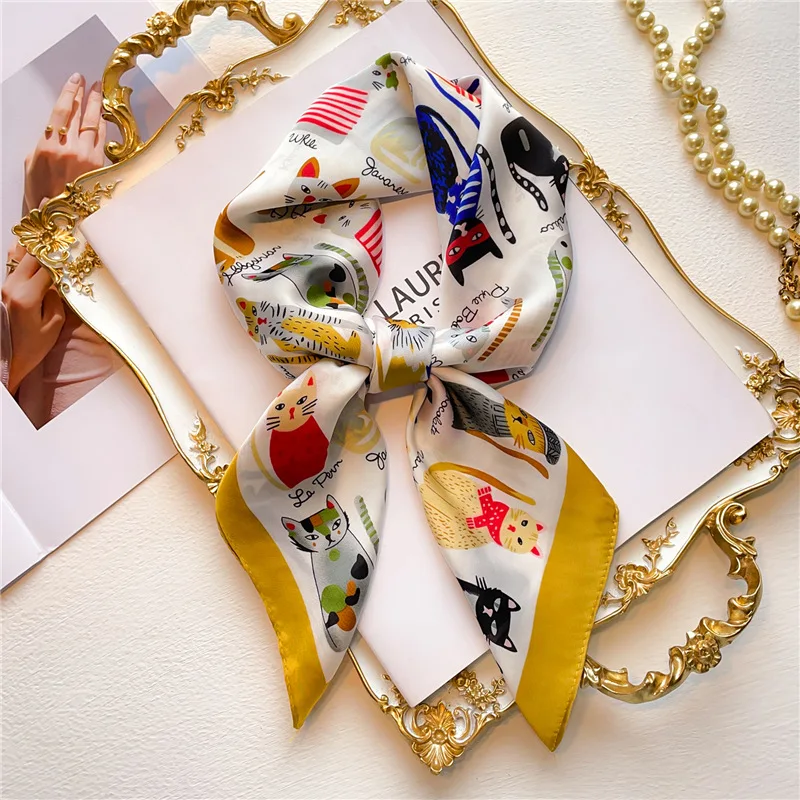 Luxury Brand Fashion Summer Silk Square Scarf Women Cat Satin Neck Hair Tie Band Beach Hijab Head Female Foulard 70x70CM