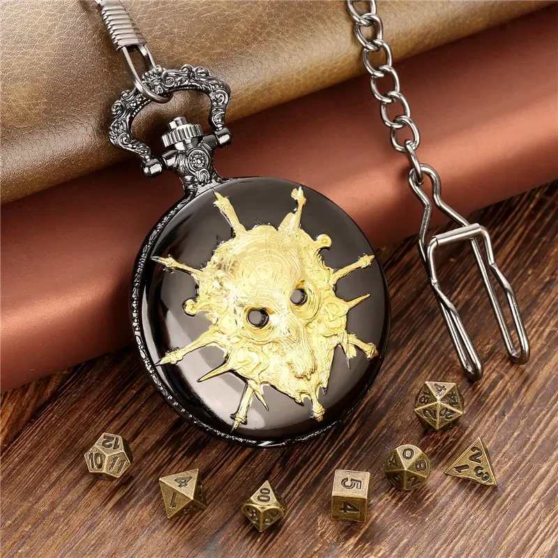 Creative 7pcs/set Metal Gaming Dice with Skull Pattern Pocket Watch Case FOB Chain Dragon Games Dices for Entertainment