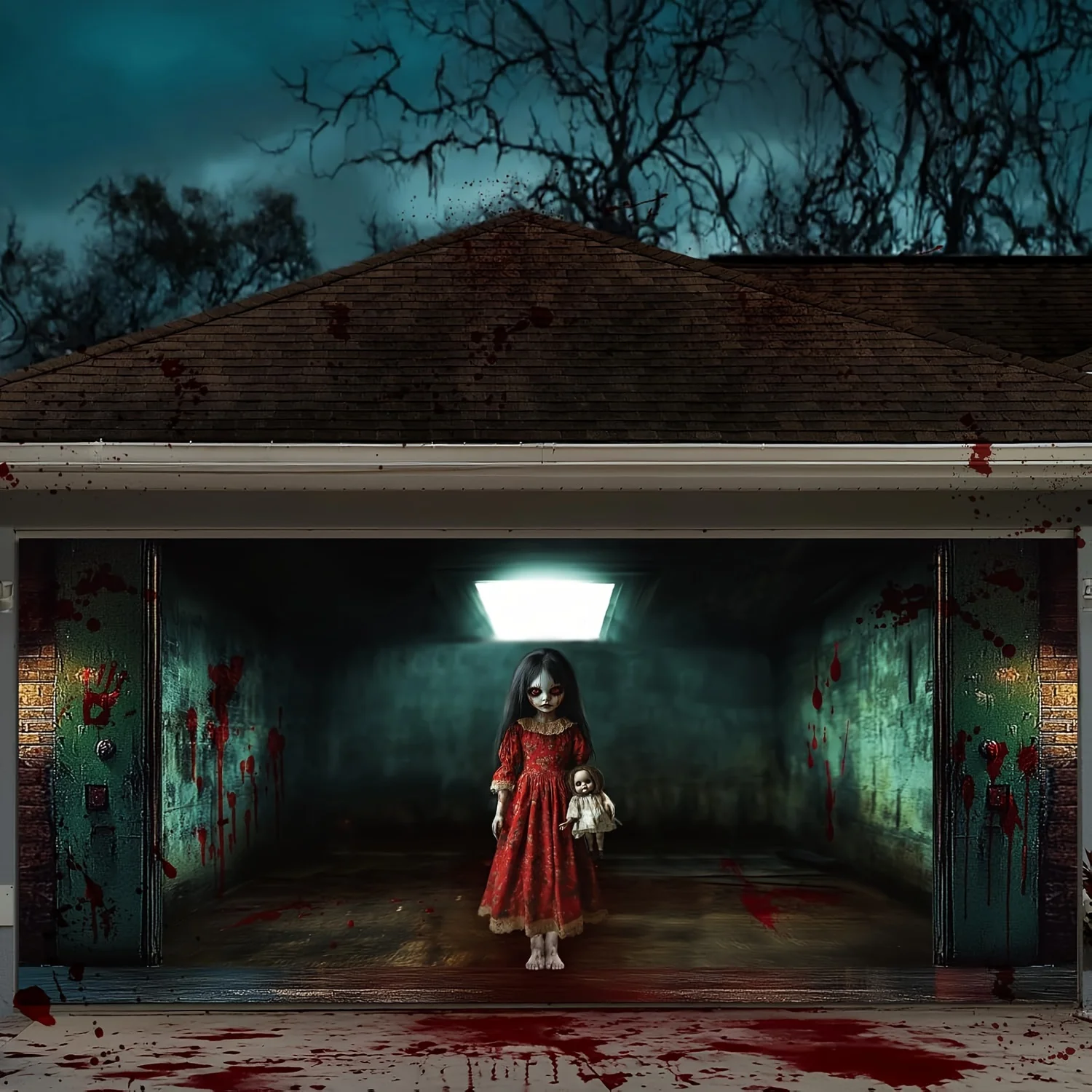 لافتة باب جراج كبيرة للهالوين - تصميم لفتاة دمية إيري معلق لخلفية رذاذ الدم، بوليستر متين #2