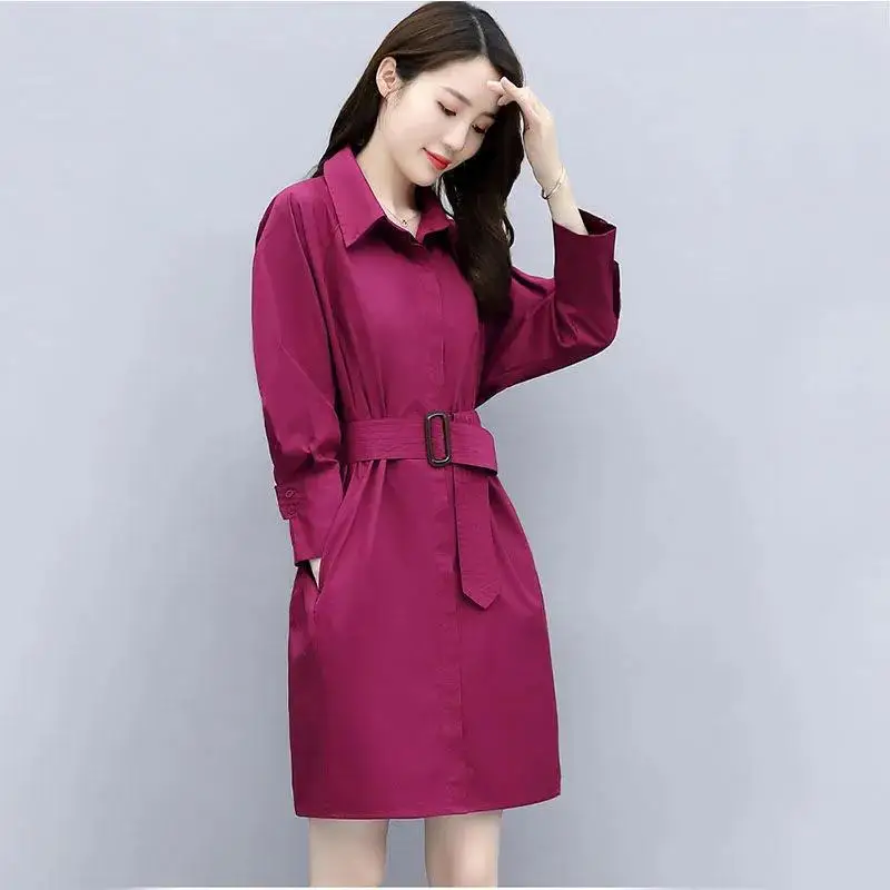 Spring Summer Mid-Long Dress Women 2023 New Loose Turndown Collar Dresses Pure Colour Fashion Waistband Shirt Skirt Female